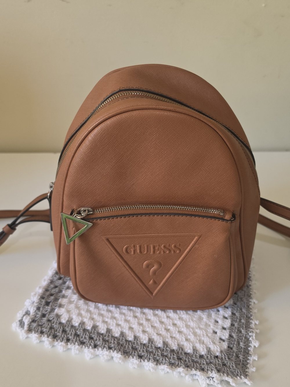 GUESS Brown Logo Mini Backpack Purse Zip Closure Pockets Beige Lined Gold